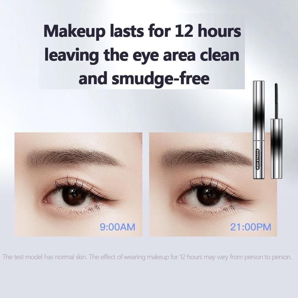 Eye serum showing mascara for curled lashes lasting 12 hours smudge-free with clean eye area