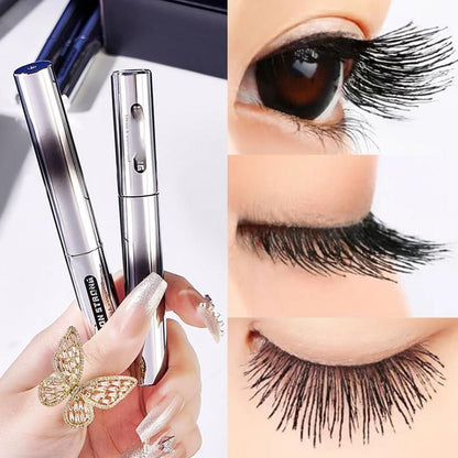 Mascara for curled lashes shown with silver tube and close-up of long curled eyelashes