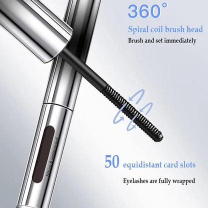 Silver mascara for curled lashes with 360 degree spiral coil brush head for fully wrapped eyelashes
