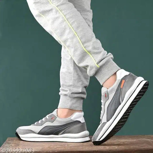 Gray and white men's lightweight training shoes with cushioned sole and breathable design