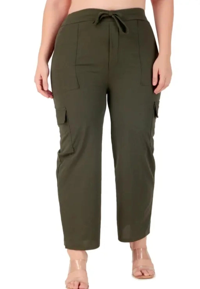 Olive green casual straight fit trousers for women with drawstring waist and side pockets
