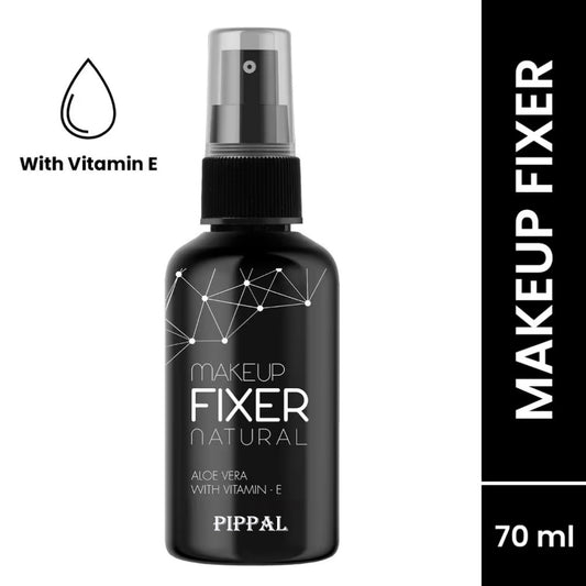 Black 70ml bottle of Pippal makeup fixer long-lasting hydrating makeup spray with vitamin E and aloe vera