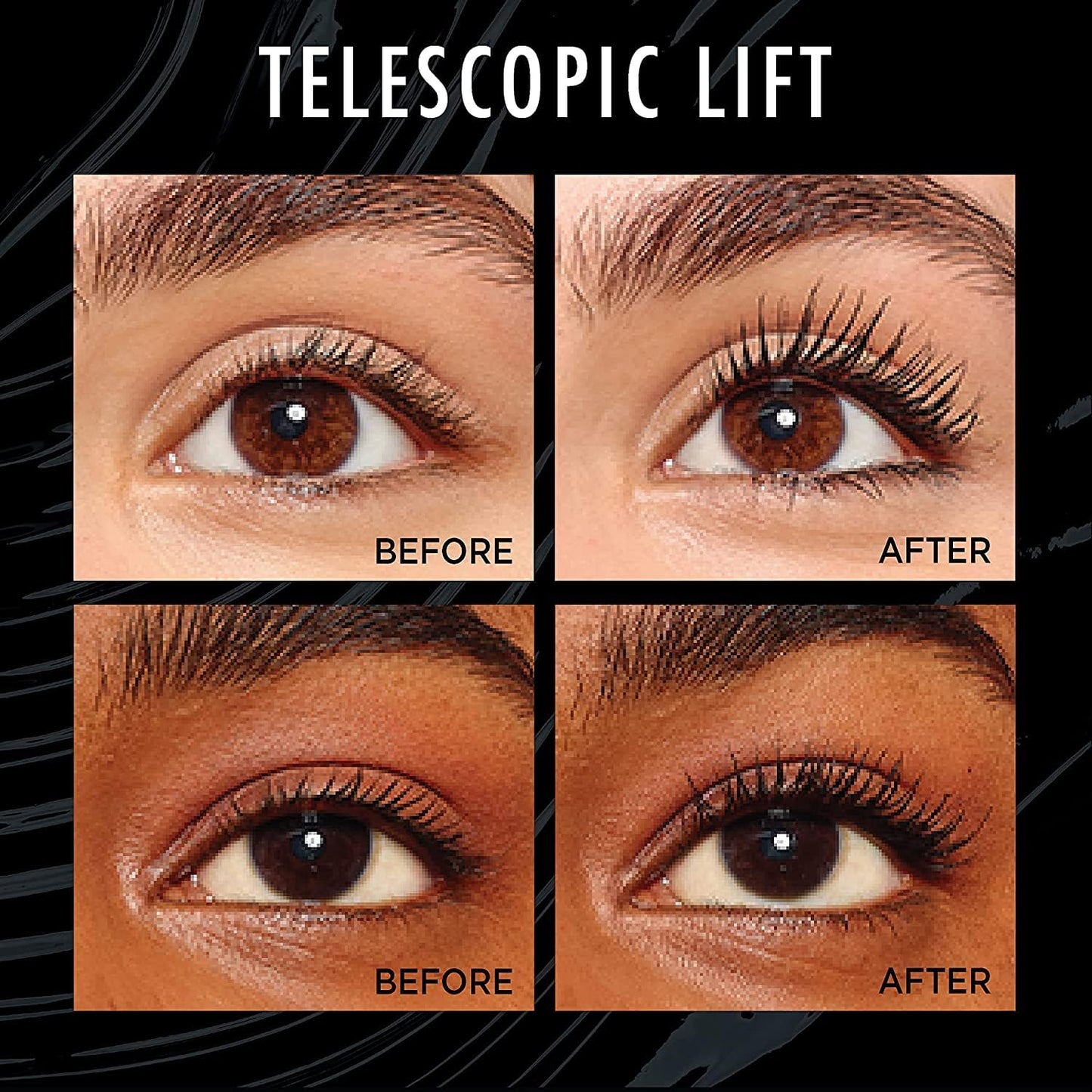 Before and after images showing effects of long lasting mascara for dramatic lashes on different eye colors