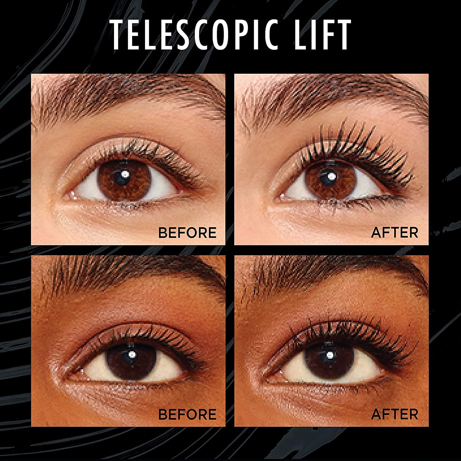 Before and after images showing effects of long lasting mascara for dramatic lashes on different eye colors