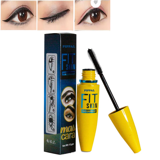 Long lasting mascara for dramatic lashes in bright yellow waterproof tube with brush and packaging showing application results