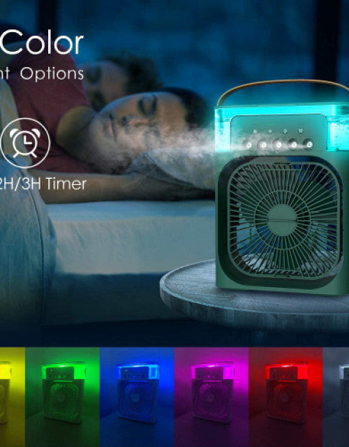 Dropdash portable misting fan for cars with LED color light options and timer on bedside table
