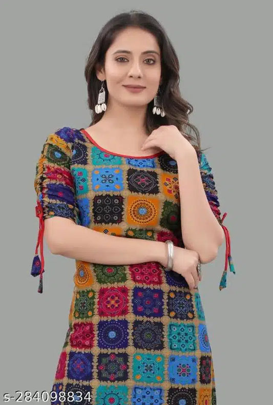 Womens printed kurti small size with colorful patchwork design and ruched sleeves