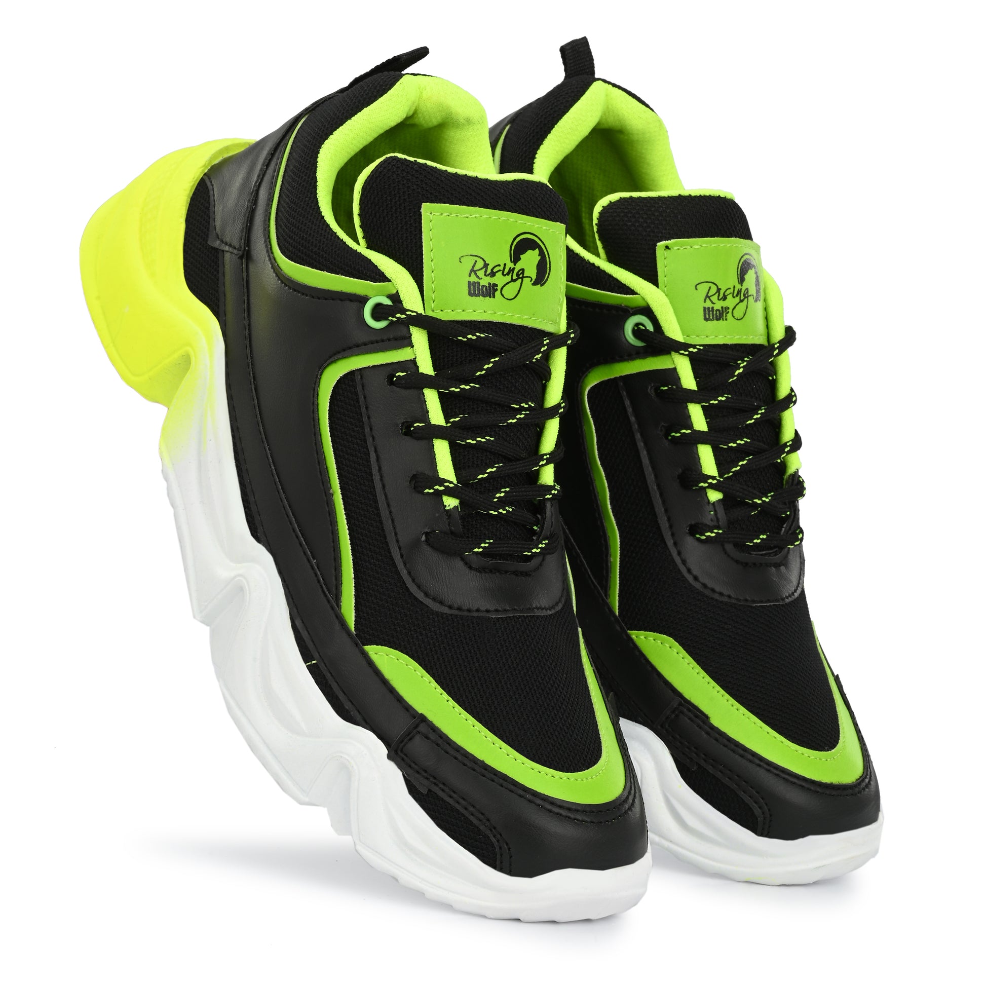 Lightweight green sports trainers for men with black and neon green design and chunky white sole