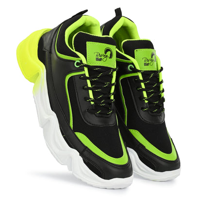 Lightweight green sports trainers for men with black and neon green design and chunky white sole