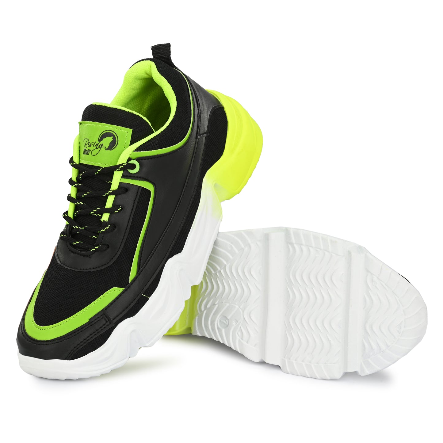Lightweight green sports trainers for men with black and neon yellow design and cushioned sole