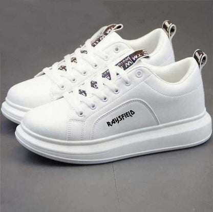 White comfortable men's gym shoes with thick sole and branded design for casual wear