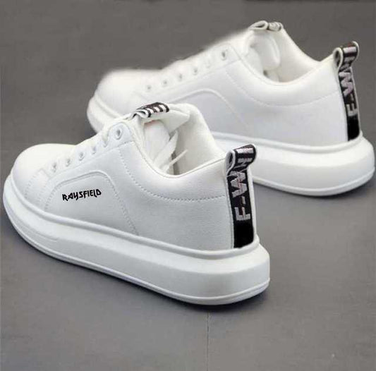White comfortable men's gym shoes with black heel tab and cushioned sole for casual wear