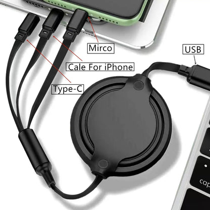 RuchiVerse 3 in 1 fast charging cable with USB, Type-C, Micro, and iPhone connectors for multiple devices