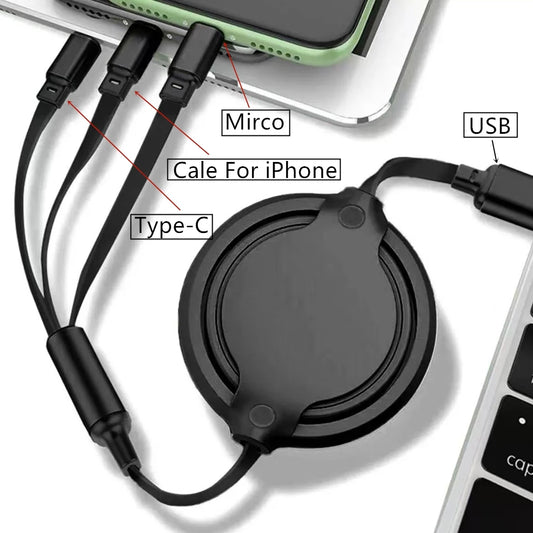 RuchiVerse 3 in 1 fast charging cable with USB, Type-C, Micro, and iPhone connectors for multiple devices