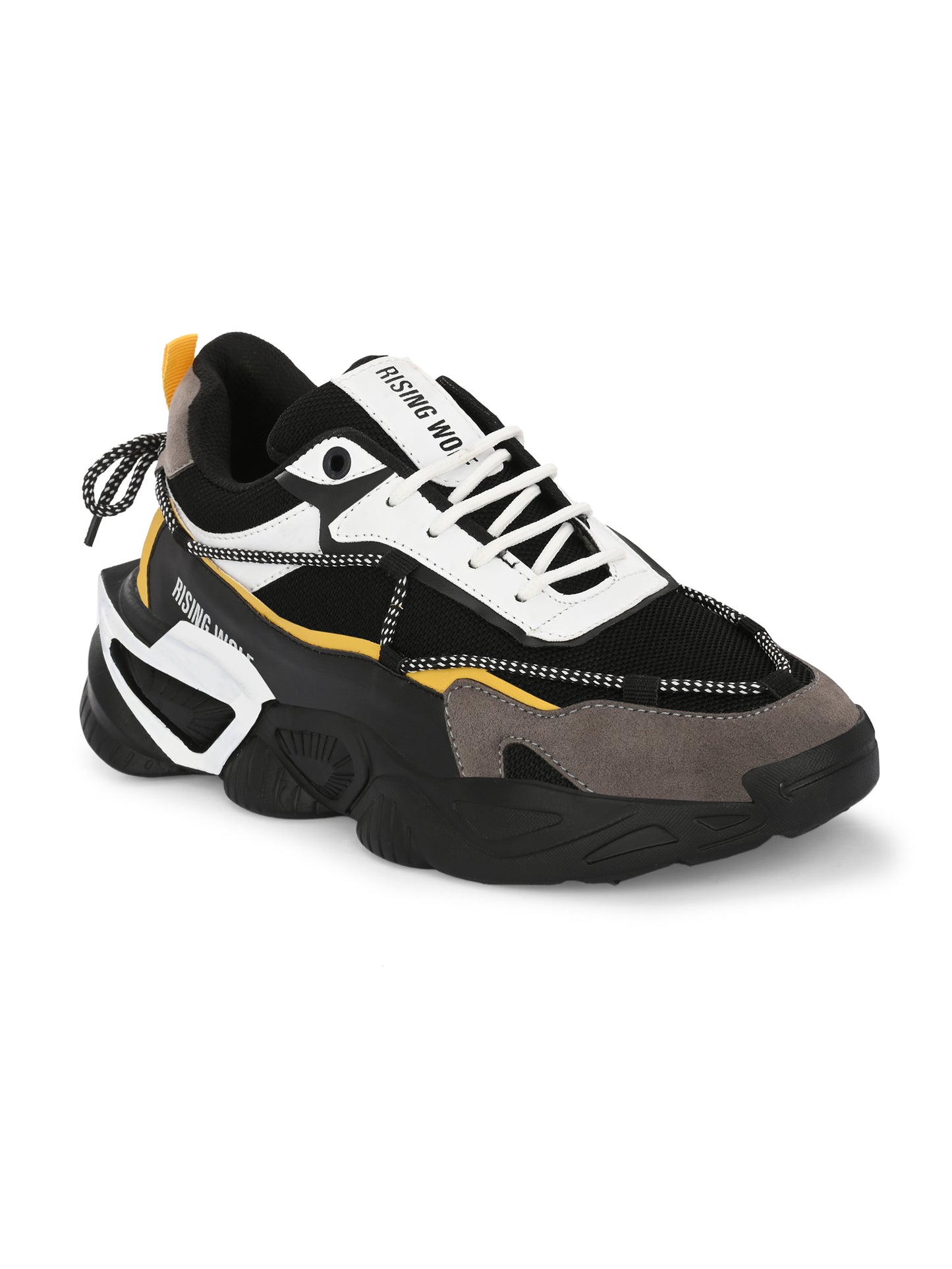 Black and grey leather running shoes for everyday wear with white laces and yellow accents