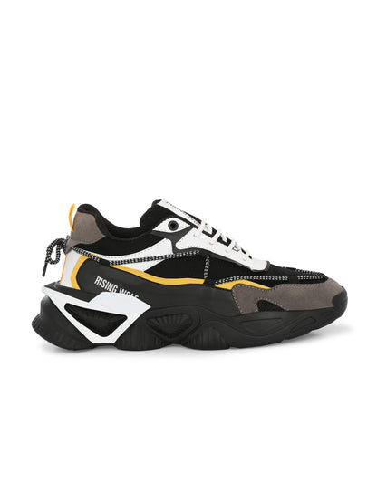 Men's leather running shoes for everyday wear in black, gray, and yellow with thick sole