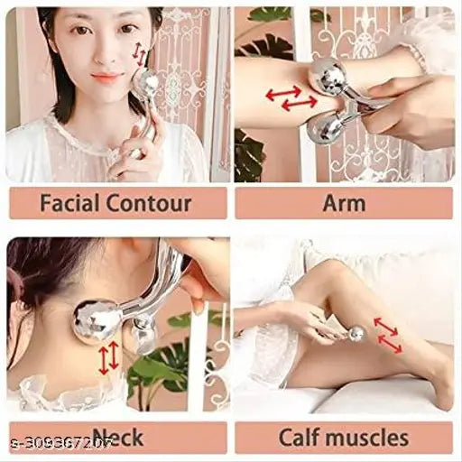 Deep tissue stainless steel massager used on facial contour arm neck and calf muscles by a woman