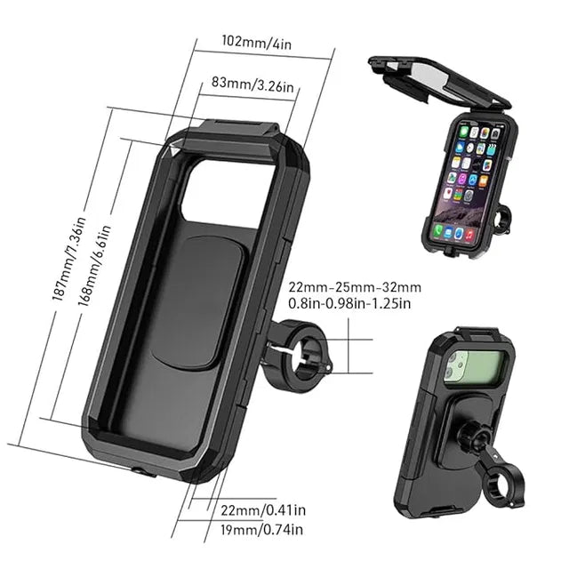 Touchscreen bike phone mount with adjustable clamp for bikes and durable protective case