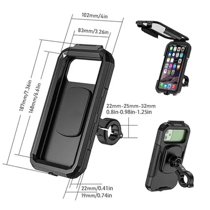 Touchscreen bike phone mount with adjustable clamp for bikes and durable protective case