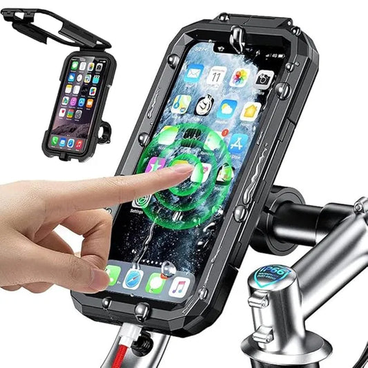 Waterproof touchscreen bike phone mount holding a smartphone with a hand using the touchscreen