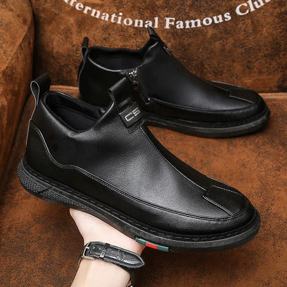 Black men's casual shoes with slip-on design and textured rubber sole for everyday comfort